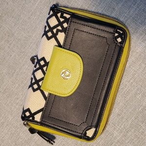 Spartina 449 Clutch wallet and phone case in front. Lime green, Black and cream